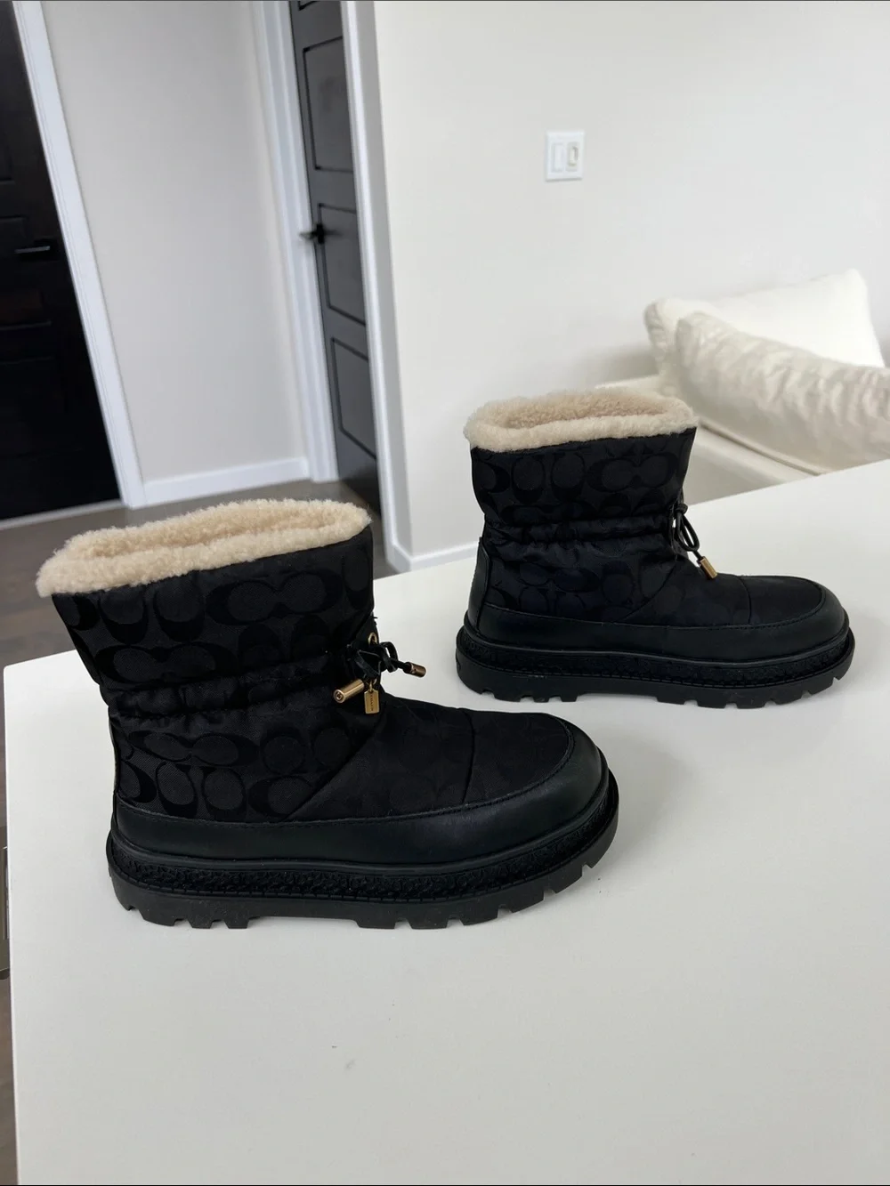 COACH kailee nylon black logo booties snow winter ankle boots size 6